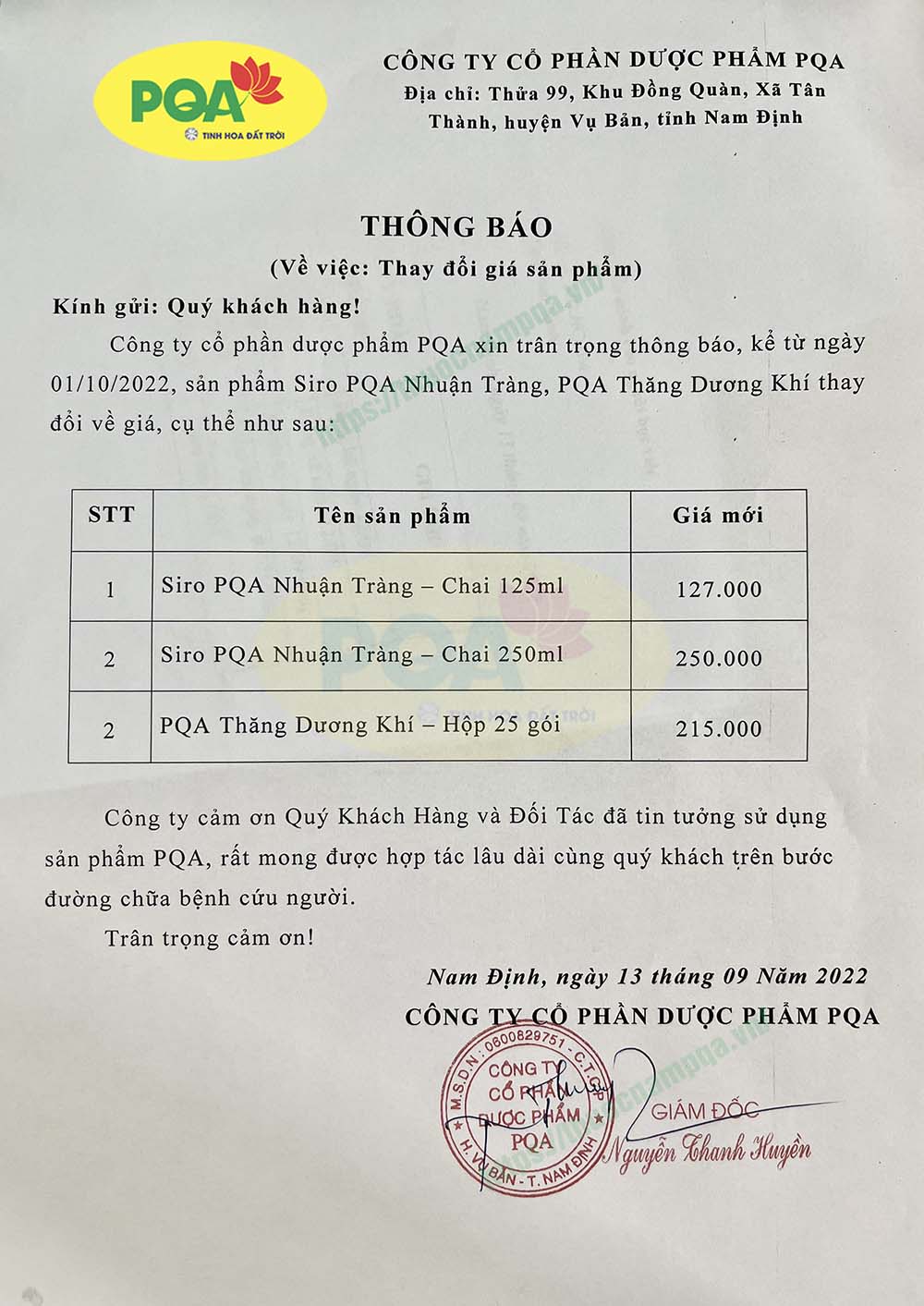 Thông báo thay đổi giá sản phẩm PQA Nhuận Tràng và PQA Thăng Dương Khí