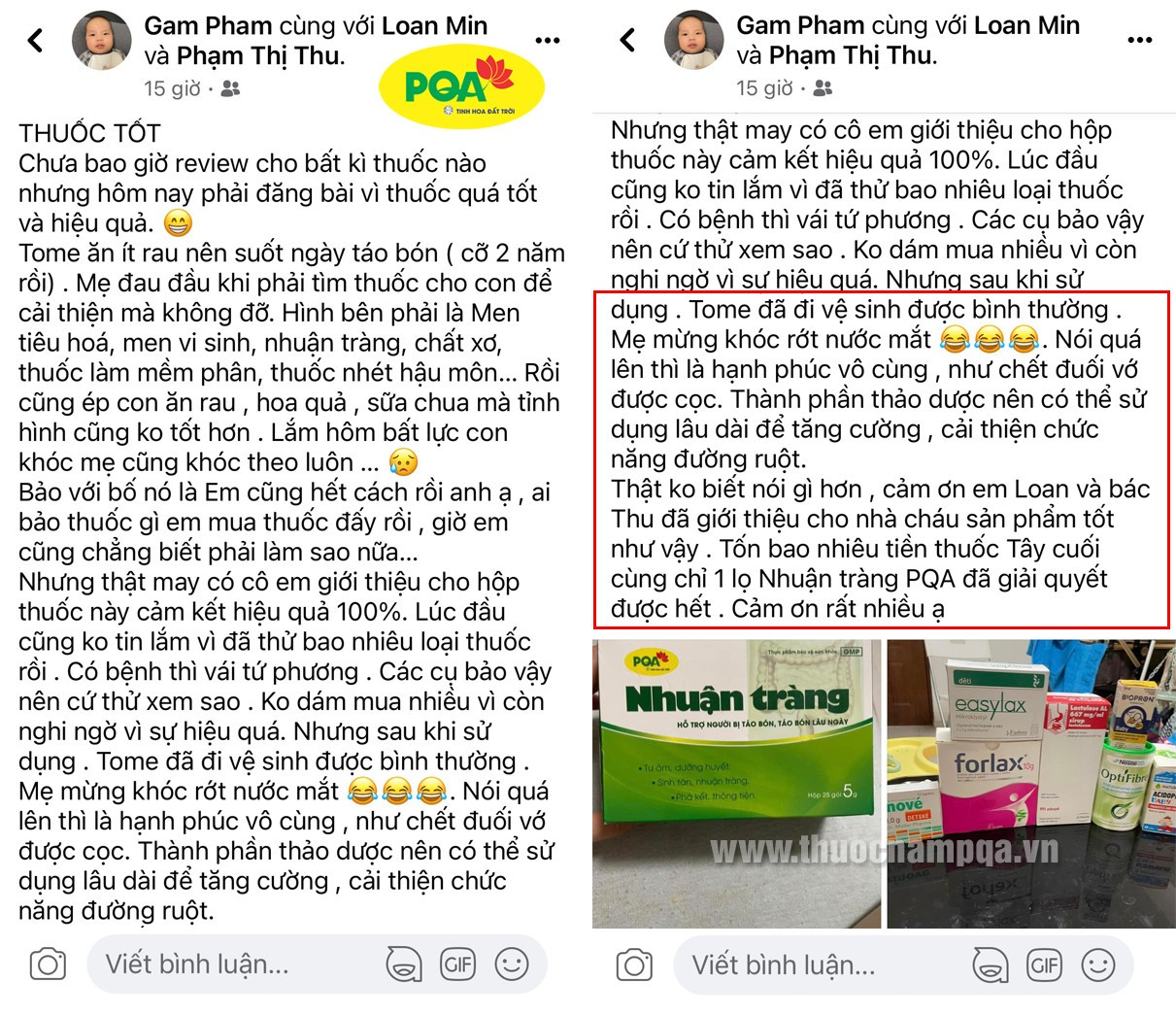 Feedback của khách hàng dùng PQA nhuận tràng